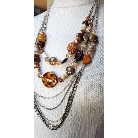 Chunky Brown Beads Multi Chain Statement Necklace - Picture 2 of 4